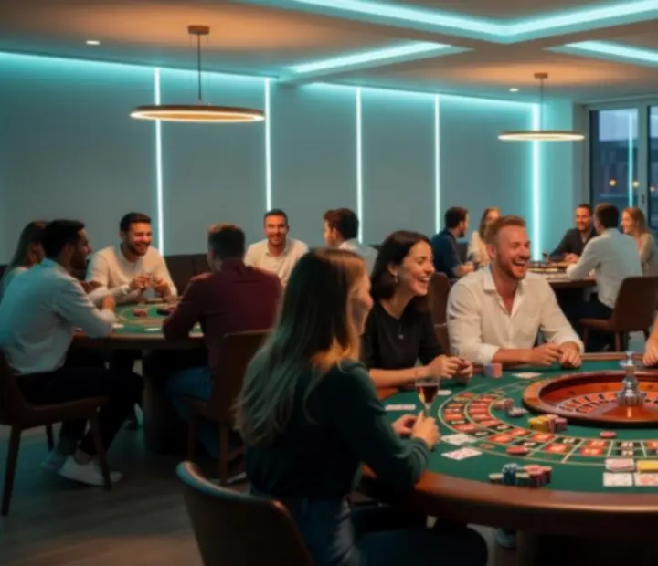 Lichtgevende casinozaal met tafels en jonge volwassenen die een thema-avond beleven