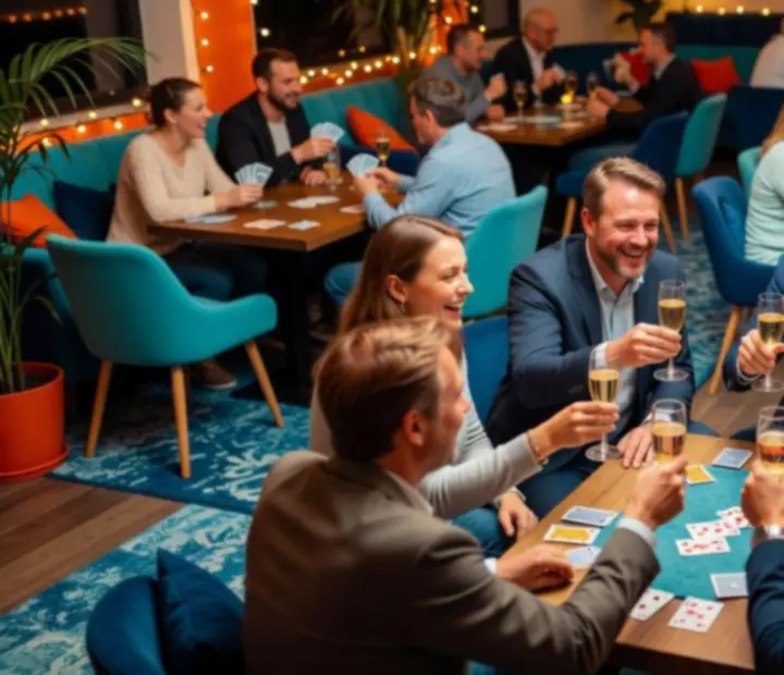 Groep jonge mensen die lachen en kaartspellen spelen in een gezellige Nederlandse club