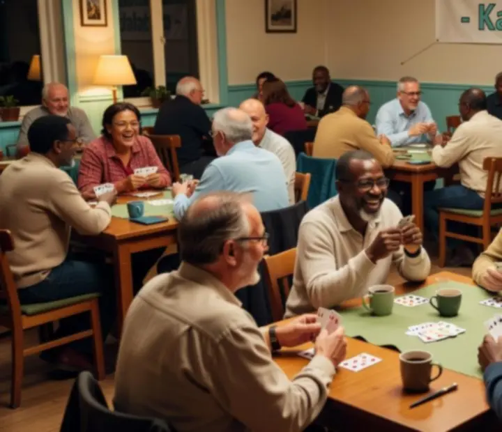 Vriendengroep lachend rond een kaarttafel tijdens een avondclub event