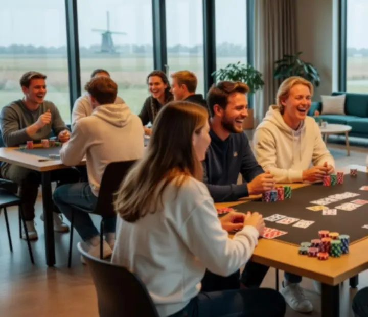 Groep jonge volwassenen aan een pokertafel tijdens een gezellige casino-style avond