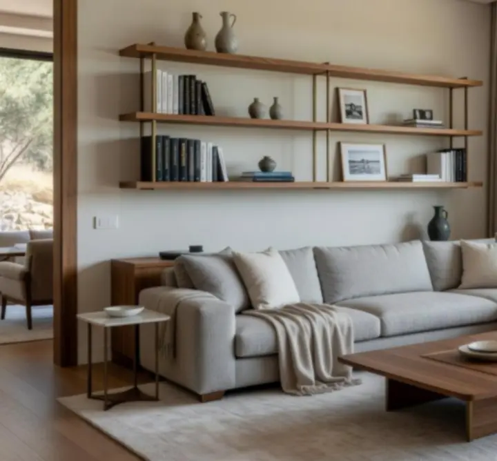 Modern ve düzenli bir villa yaşam alanında lüks iç mimari ve organize depolama detayları