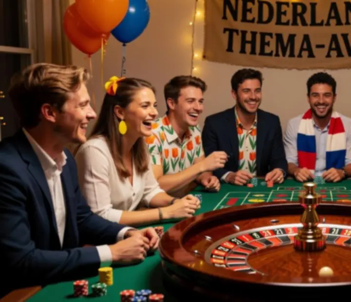 Roulette thema-avond met kleurrijke verlichting en speeltafels