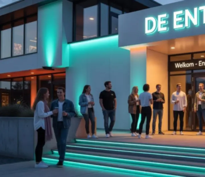 Moderne entree van een Nederlandse entertainment venue voor poker- en casino-avonden