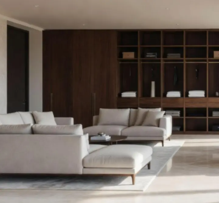 Düzenli ve şık depolama alanına sahip modern bir villa iç mekanı